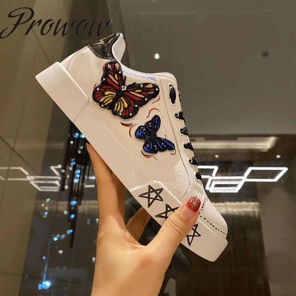 

genuine leather butterfly deco lace up white shoes round toe ross embroidery luxury flats casual shoes women, Black