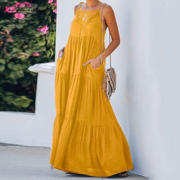 

casual dresses zanzea bohemian women dress 2021 summer lace patchwork ruffle maxi vestido solid strap sundress lady loose robe, Black;gray