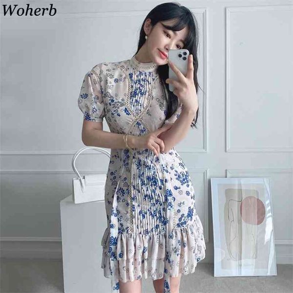

elegant dresses women stand neck short sleeve chiffon print dress chic lace patchwork ruffle slim pleated vestidos mujer 210519, Black;gray
