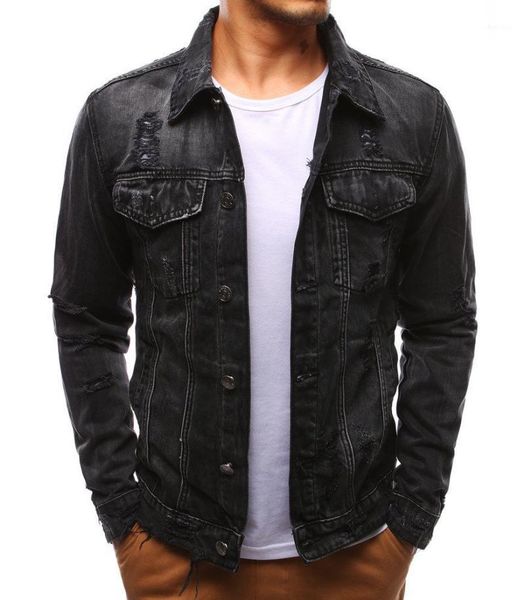 

men's denim ripped jacket cotton men casual solid color lapel single slim fit quality jackets, Black;brown