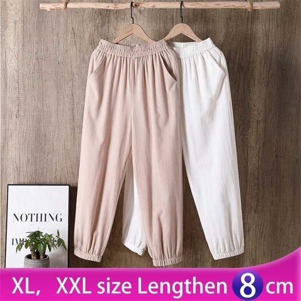 Pantaloni di lino e cotone casual autunno-estate Pantaloni da donna Harem taglie forti in vita elastica solida di base allentata 211115