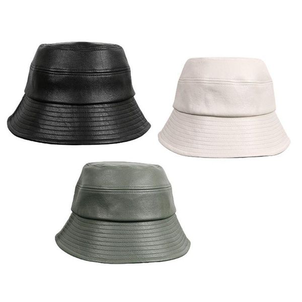 

imitation leather bucket hat solid color sunscreen foldable fisherman cap f3md wide brim hats, Blue;gray