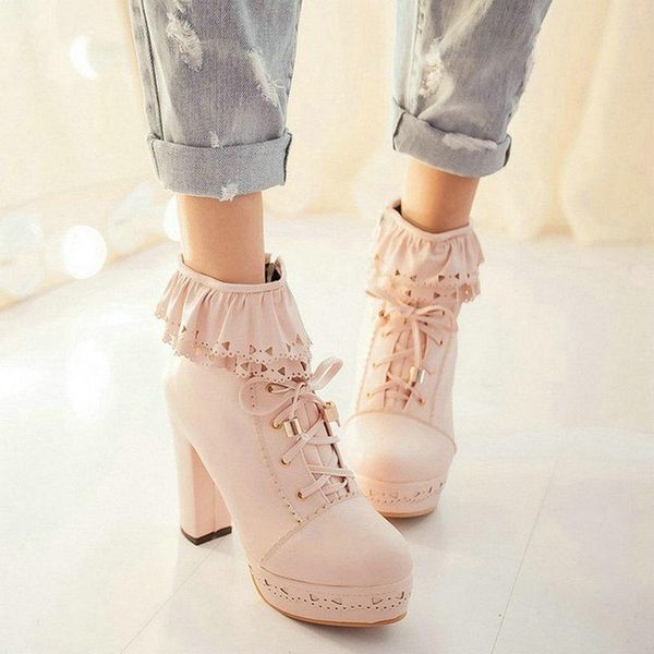 

boots coolulu lolita ankle women shoes winter lace up block high heel for zipper all match, Black