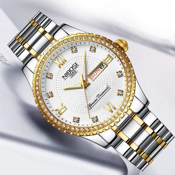 

wristwatches nibosi men stainless steel diamond watch men's clock man sports waterproof quartz watches relogio masculino 2315, Slivery;brown