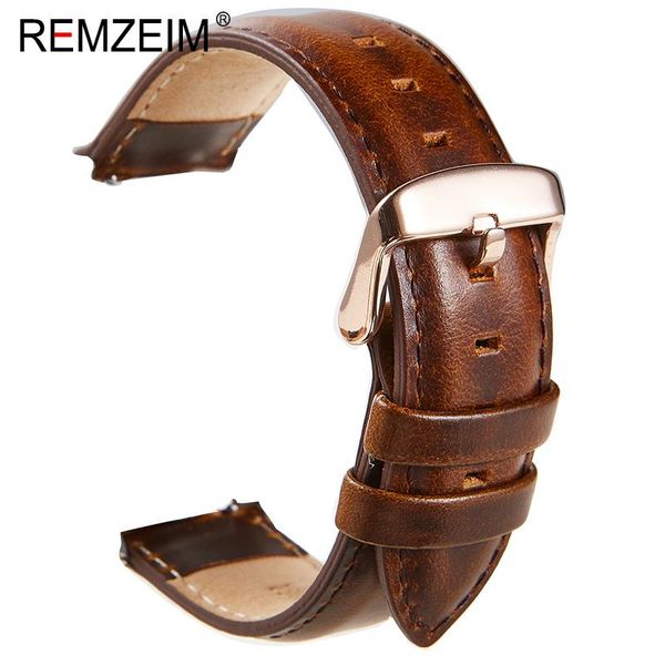 

watch bands remzeim genuine leather watchbands 18mm 20mm 22mm black dark brown women men cowhide band strap belt with buckle, Black;brown