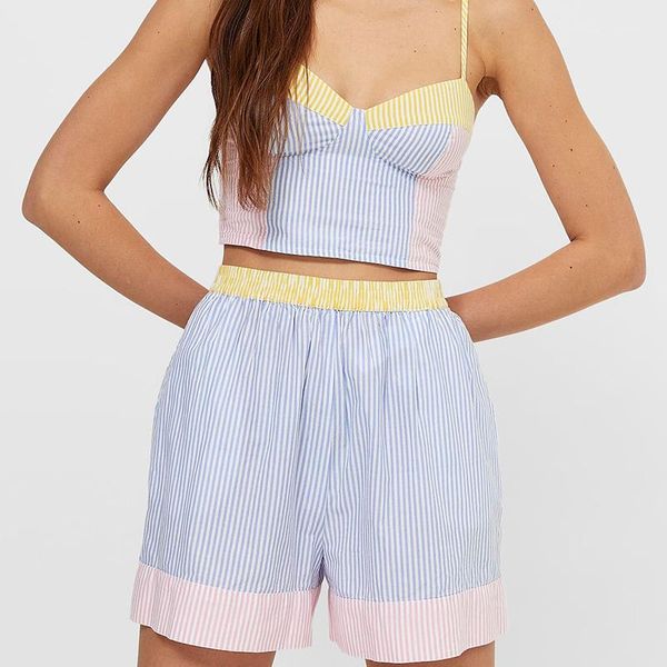 

women's shorts products ladies striped printed elastic waist casual straight-leg short pants baggy wide-leg, White;black