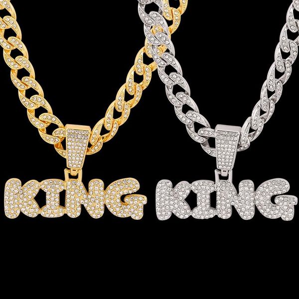 

pendant necklaces men hip hop king letters necklace miami cuban chain iced out bling hiphop male charm jewelry, Silver