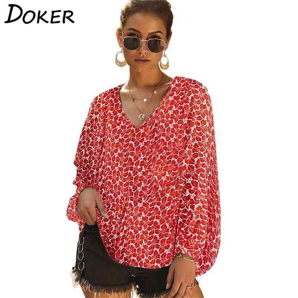

floral print womens and blouses fashion v neck lantern long sleeve casual loose ladies shirts plus size blouse ropa mujer 210604, White