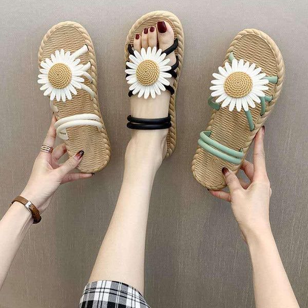 

sandals 2021 summer woman flower flat sandalias mujer thin strips beach ladies flip flops slides casual strap shoes rome, Black