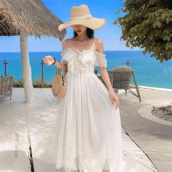 

summer women long tulle dress spaghetti strap backless lace up white ruffles vacation maxi beach 210513, Black;gray