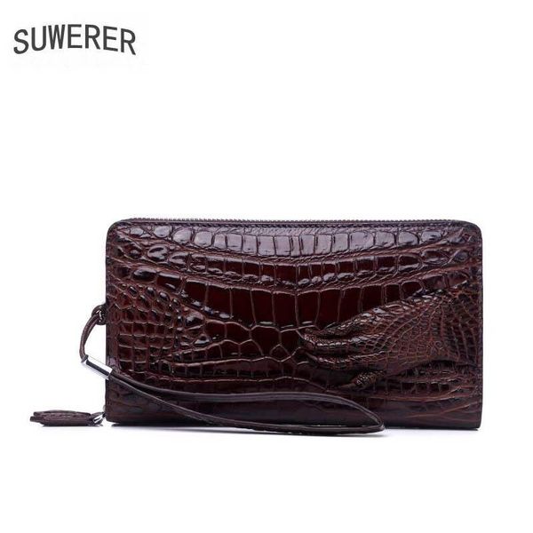 

wallets suwerer 2021 cowhide men genuine leather bags embossed crocodile pattern double zipper fashion luxury clutch bag, Red;black