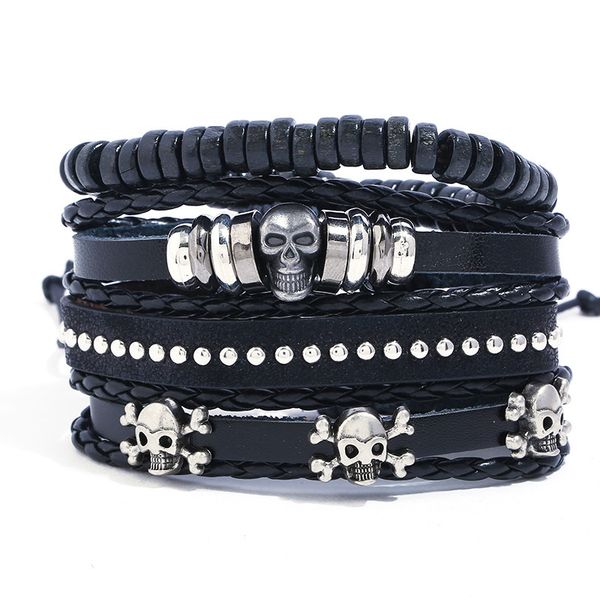 

bangles bracelet punk skull beaded cowhide men's woven diy set leather, Black