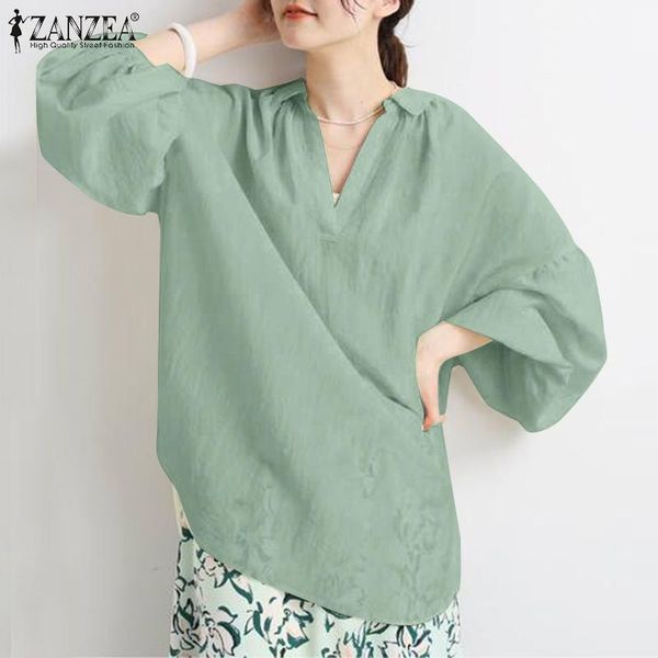 

women's blouses & shirts elegant summer irregular zanzea 2021 casual long sleeve blusas female button tunic oversize solid chemise, White