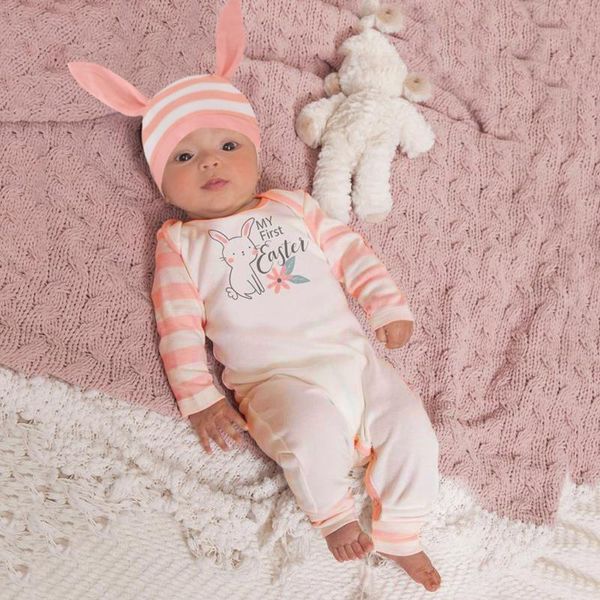 

born infant baby clothes easter striped print romper long sleeve girl jumpsuit set outfits + ears hat clothing sets, White
