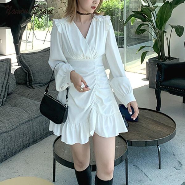 

casual dresses draped mini dress women high street french long sleeve waist party elegant female 2021 summer clothing korean, Black;gray