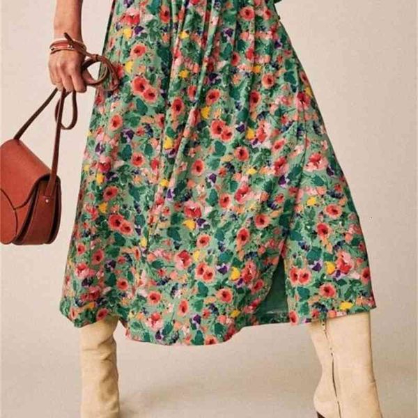 

skirt 2021 women autumn and winter small fresh floral long slit midi hvja, Black