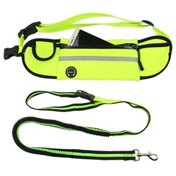 

dog collars & leashes retractable hands leash with smartphone pouch - dual handle bungee waist for up to 150 lbs large dogs (yellow)