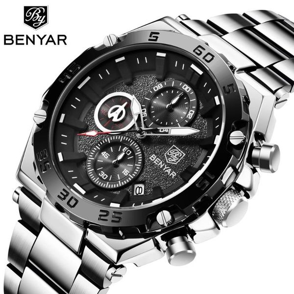 

wristwatches benyar casual sport watches chronograph wristwatch man business waterproof quartz watch for men full steel relogio masculino, Slivery;brown