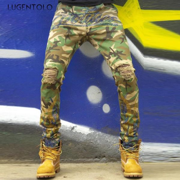 

men jeans fashion slim drilling letter camouflage print casual men's long street trend pencil lugentolo, Blue