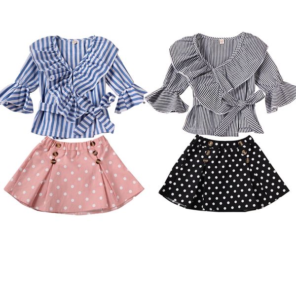 

fashion infant baby girl kid clothes sets striped trumpet sleeve + polka print a-line skirt outfit set 1-6y, White