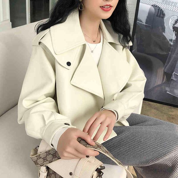 

spring autumn loose design turn-down collar motor biker pu leather women jacket white long sleeve coats 210512, Black