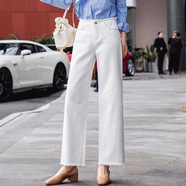 

high waist tassel jeans woman wide leg pants women denim trousers white straight female loose nine points women's, Blue