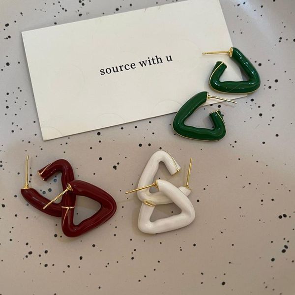 

hoop & huggie aomu autumn european s925 retro fashion simple geometric white green red enamel copper plated metal earrings for women, Golden;silver