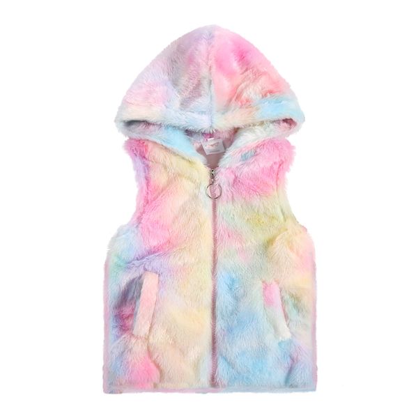 

kids baby girls plush vest sleeveless zipper hooded waistcoats with two pockets cute colorful tie dyed furry coats autumn winter, Camo