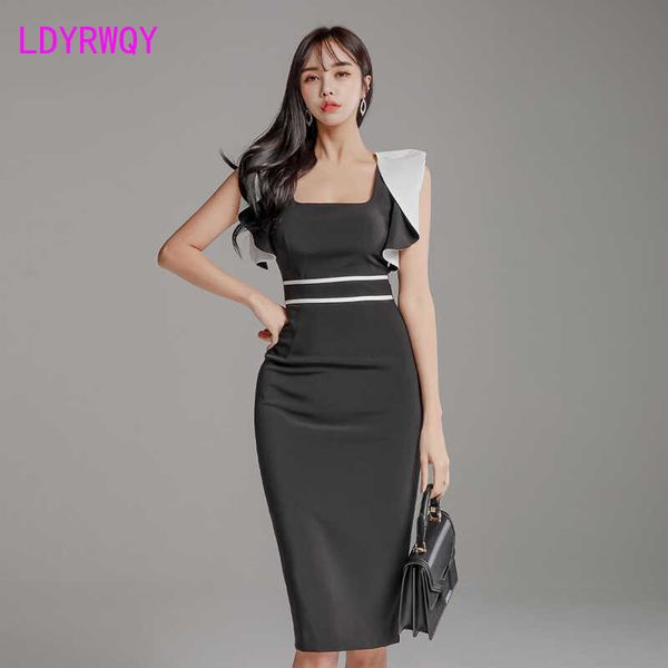 

spring women's square collar waist was thin package hip dress sleeveless sheath office lady polyester 210603, Black;gray