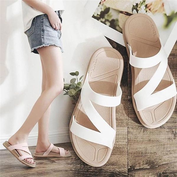 

summer casual home slippers women designer leather flat non-slip beach slides 2021 black white pink comfort soft house shoes