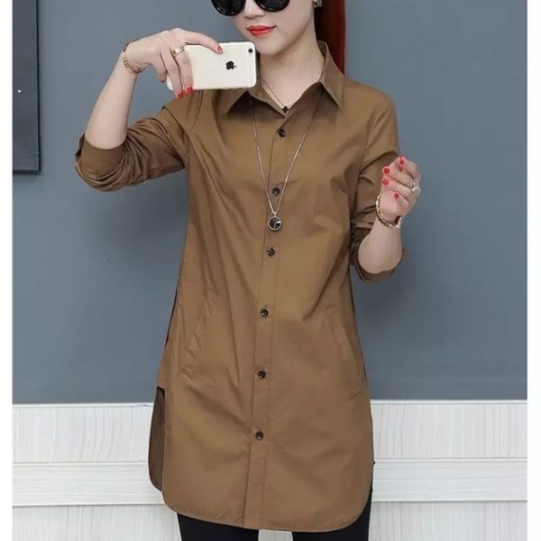 

long style women spring autumn chiffon blouses shirts lady casual long sleeve turn-down collar blusas df1703 210317, White