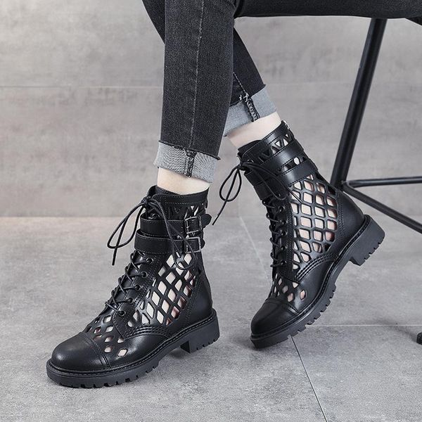 

boots buckle cut out black mesh short spring summer middle heel genuine leather cool high net sandals