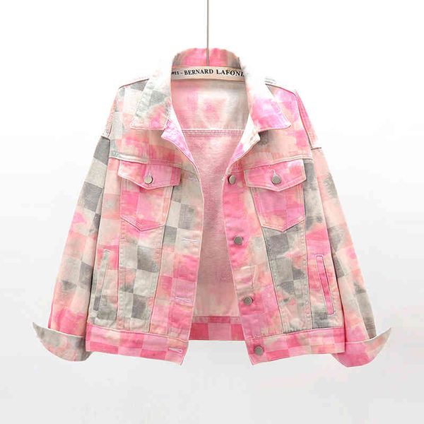 

jacket fashion multicolor tie dye denim coat women chaquetas mujer korean loose long sleeve short jeans jacket female streetwear, Black;brown