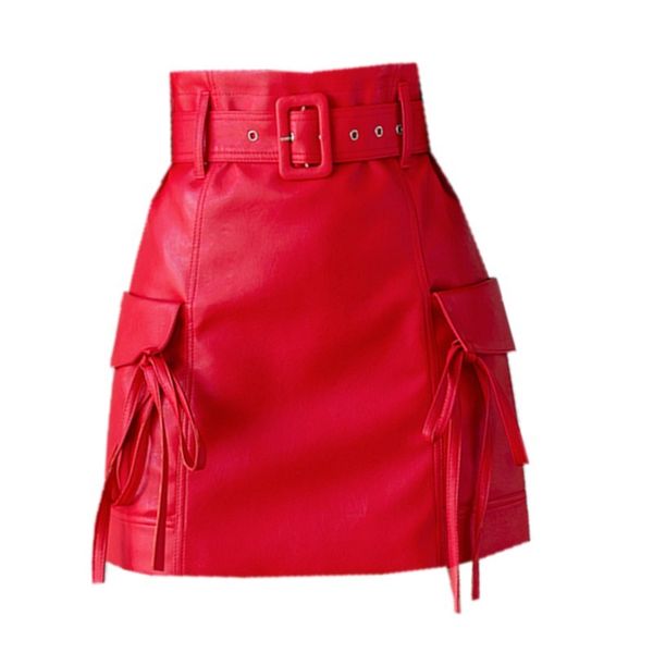 

skirts chic high waist women faux leather skirt slim girls pockets lacing short pu street wear style, Black