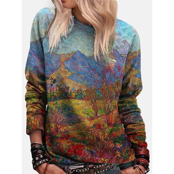 

autumn scenery picture british women s fashion 3d printing short slim t-shirt autumn long sleeve round neck basic casual, White