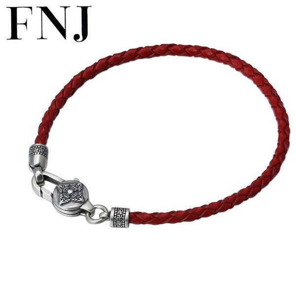 

link, chain fnj black red leather bracelet 925 silver original pure s925 thai bracelets for women men jewelry cross