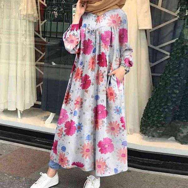 

dresses autumn women elegant o-neck a-line party vintage floral print long sleeves maxi es ladies casual pocket loose vestido 4n0d 6w6w, Black;gray