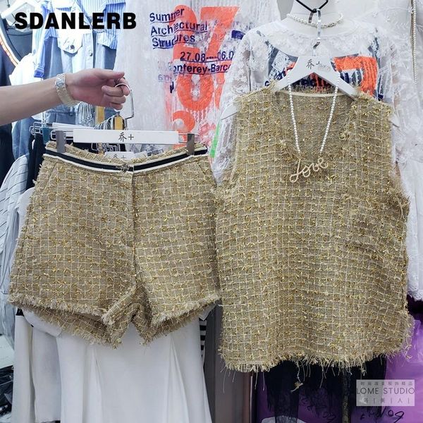 

women's tracksuits gold lines woven tweed blended vest sleeveless + high waist shorts women two-piece set streetwear outfits, Gray