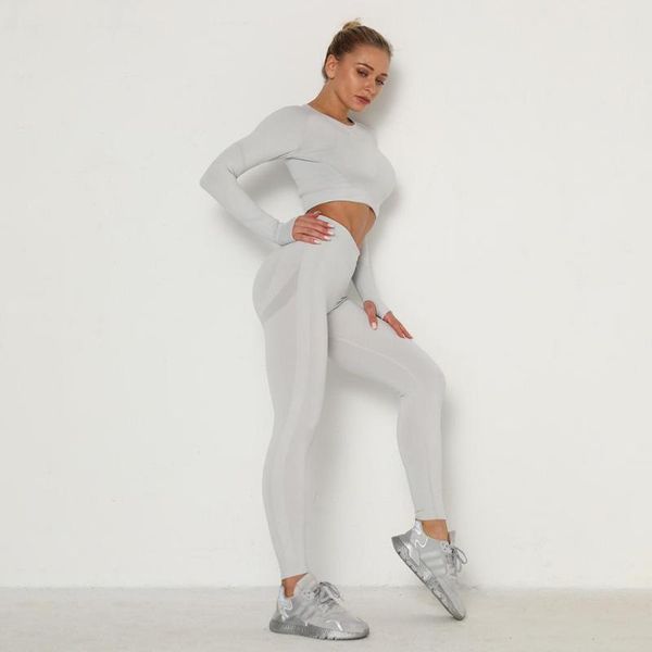 

women's two piece pants women sports leggings gym set long sleeve seamless belly control legging clothes suit girls, White