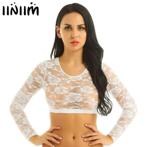 

women's t-shirt iiniim womens transparent lace bra for summer cocktail parties see through sheer scoop neck crop short blouse, White