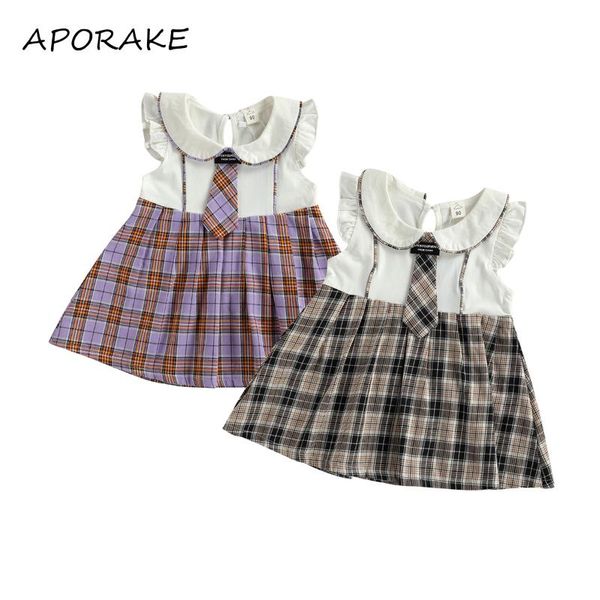 

0-55m summer breathable kid girls dress children creative plaid splicing doll collar sleeve princess with bow tie girl's dresses, Red;yellow