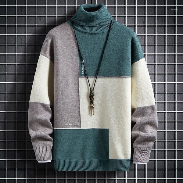 

winter thick warm sweater men korean style turtleneck male pullover stitching design men's christmas sweaters, White;black