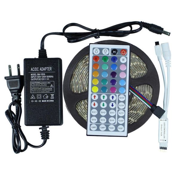 

waterproof rgb led strip 5m ip65 flexible tape ribbon + 44key remote controller dc12v 3a 36w power adapter strips