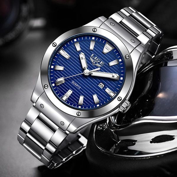 

wristwatches lige watch for man 2021 fashion mens watches military big dial clock waterproof steel strap sport quartz, Slivery;brown
