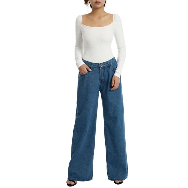 

women's jeans women hip hop denim pants casual high waist relaxed fit washed wide leg streetwear, Blue