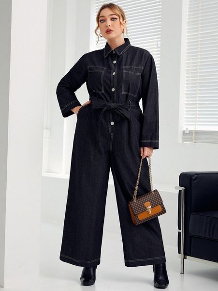 

plus stitching belted wide leg jumpsuit g7n9#, Black