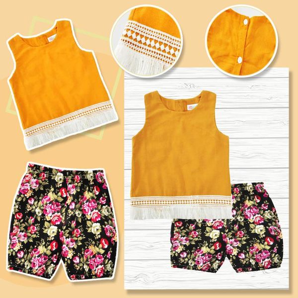 

clothing sets summer baby girls set sleeveless yellow fringed flower pants kids two-piece casual outfit clothes, White