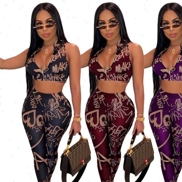 

autumn letter print set women tracksuits zipper up crop pencil pants suit two piece sporting fashion tracksuit outfit gl7241, Gray