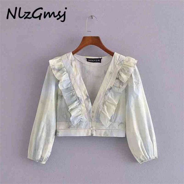 

blouse women tie dye crop tiered ruffles deep v neck summer party fashion ladies shirt tunics 04 210628, White