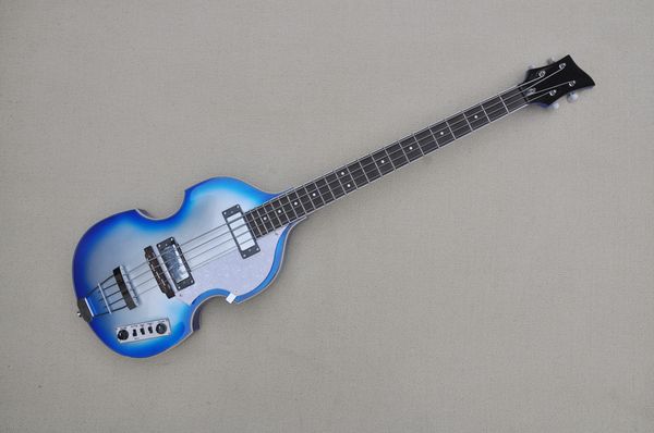 

blue body 4 strings electric bass guitar with rosewood fretboard,white pearl pickguard,chrome hardware,can be customized.
